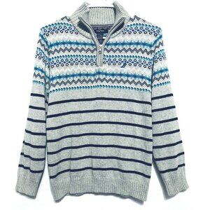Nautica Sweater Womens Medium Gray Fair Isle 1/4 Zip Pullover Gray Cotton